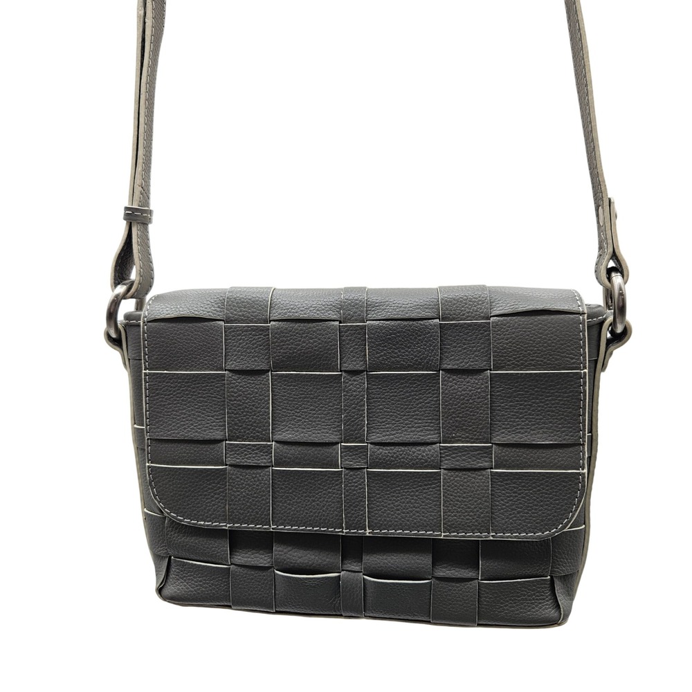 Nino Bossi Woven Leather‎ Crossbody Shoulder Bag Gray Flap Snap Closure